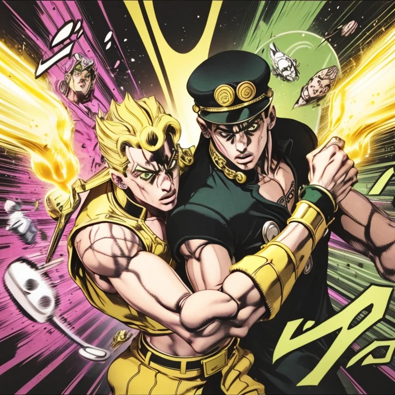 JoJo's Bizarre Adventure Part 3, by Hirohiko Araki, Boys' Manga, (The moment of the final battle between Jotaro Kujo and DIO, A tense scene). [Jotaro Kujo, Black Hair, Wearing a modified school cap and Greenish black long school uniform, Metal chain attached to a long school uniform, Light green inner, Eye color is slightly green, A single strand of bangs hanging down, A green aura emanates from his body], Star Platinum, Unleash countless fists, Oraora Rush, The text effect is displayed in a comic-style "OraOraOraOra Ora OraOraOraOra". 
[DIO, Yellow Hair, A yellow suit with a Extremely short upper body, Black innerwear, A green bandana with a heart shape on the front, A golden aura emanates from his body]. "The World" Time Stops!, "WRYYYYYYY" is displayed. (((Highest Quality, extremely detailed, Masterpiece)))