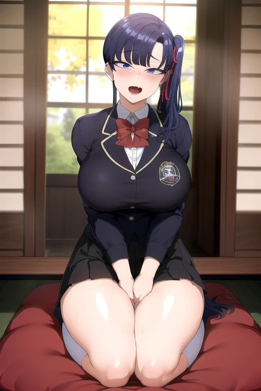 masterpiece, The best quality, Highly detailed , My name is Skr-KJ, black skirt, hentai, Open mouth, corrupted, brainwashed, busty, curved,expression idiot ahegao cross-eyed, smile, pleated skirt, camisa de cuello, long sleeves, session, closed mouth, school uniform, jacket, Hair ribbon, flower, socks, inside, lateral collection, socks, Red bow, seiza, tatami, sliding doors, vase, hands on thighs, on zabuton, big thighs; cara expresion ahegao, fucking bitch, perverted, inviting, thirsty