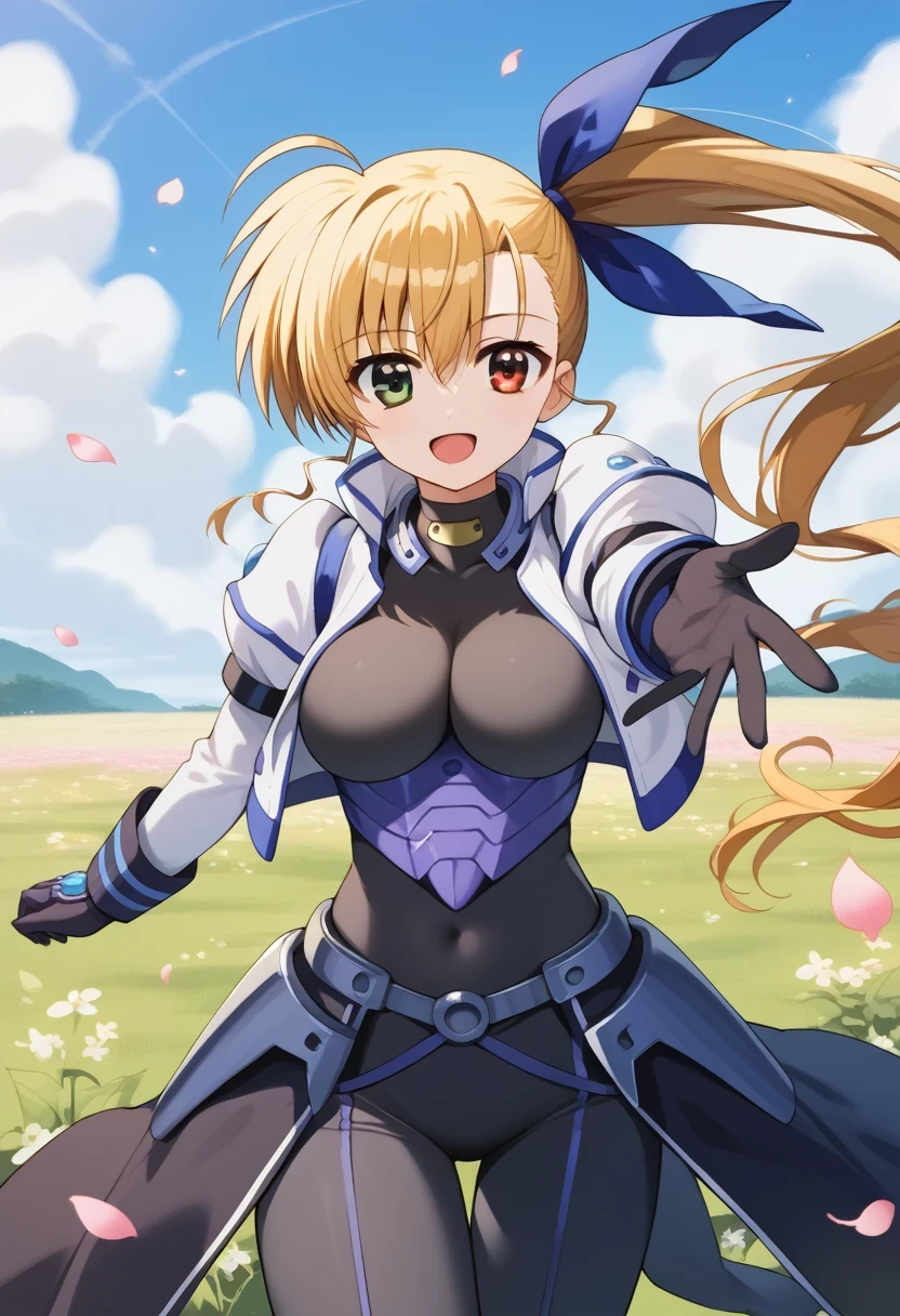 score_9, score_8_up, score_7_up, score_6_up, score_5_up, score_4_up, source_anime, bbvivio, aged up, long hair, blonde hair, ahoge, side ponytail, hair ribbon, heterochromia, large breasts, black bodysuit, cropped jacket, white jacket, puffy sleeves, long sleeves, black gloves, armor, standing, cowboy shot, outdoors, field, smile, open mouth, petals, reaching,