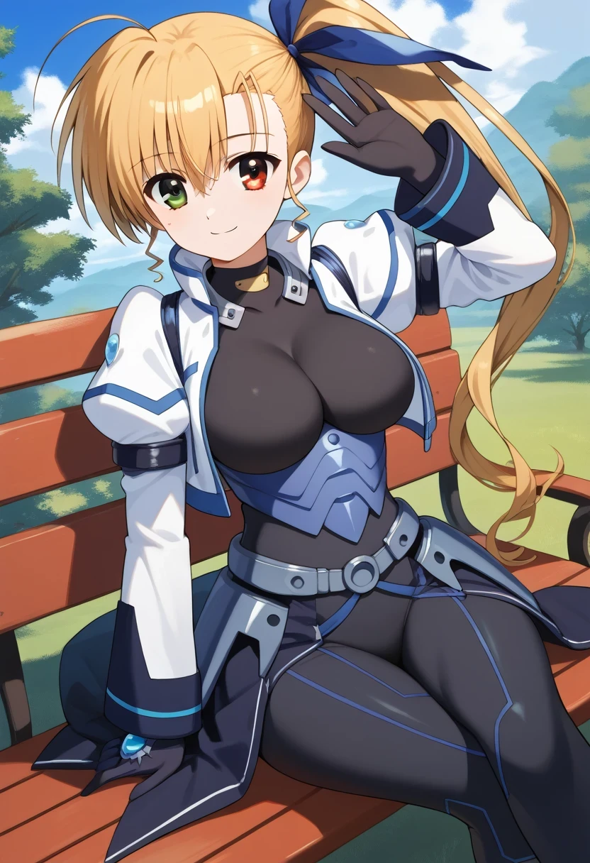 score_9, score_8_up, score_7_up, score_6_up, score_5_up, score_4_up, source_anime, bbvivio, aged up, long hair, blonde hair, ahoge, side ponytail, hair ribbon, heterochromia, large breasts, black bodysuit, cropped jacket, white jacket, puffy sleeves, long sleeves, black gloves, armor, sitting, bench, outdoors, smile, waving,