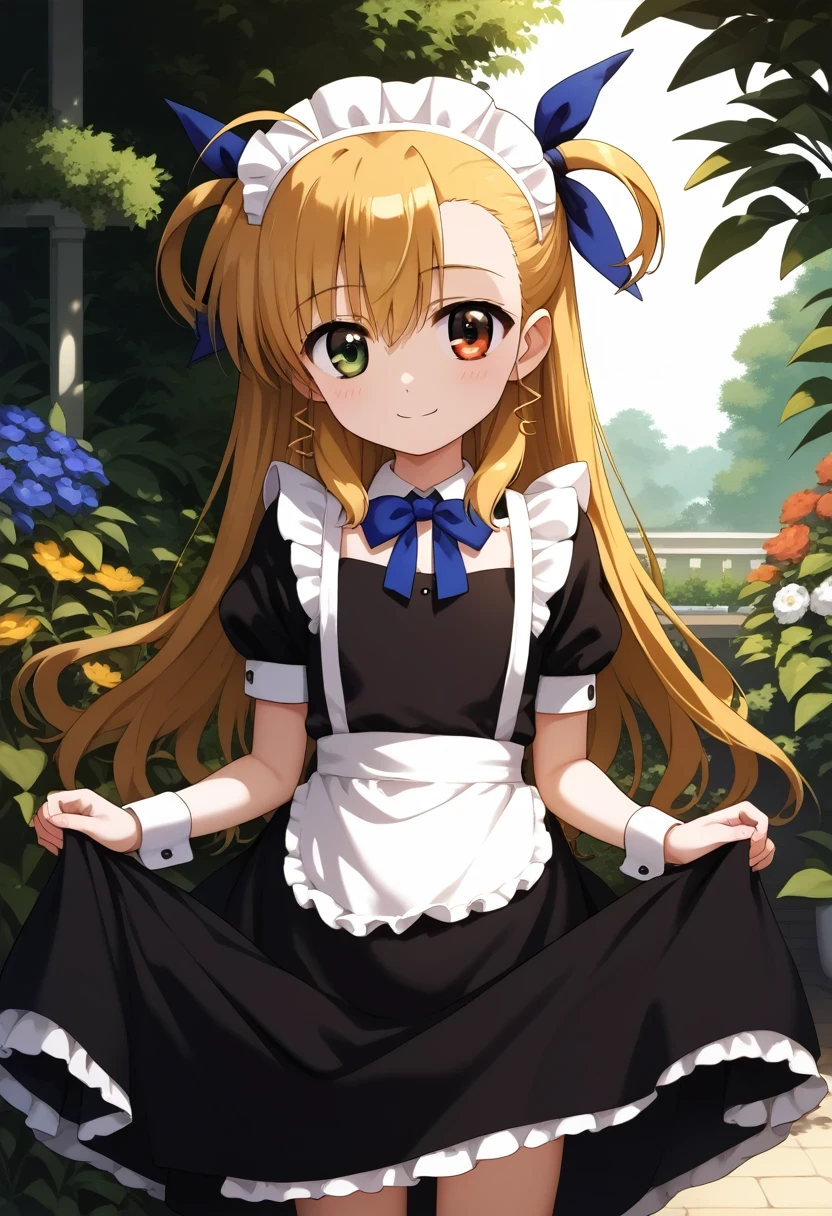 score_9, score_8_up, score_7_up, score_6_up, score_5_up, score_4_up, source_anime, aavivio, long hair, blonde hair, ahoge, two side up, hair ribbon, heterochromia, flat chest, maid, maid headdress, apron, black dress, skirt hold, smile, garden, standing,