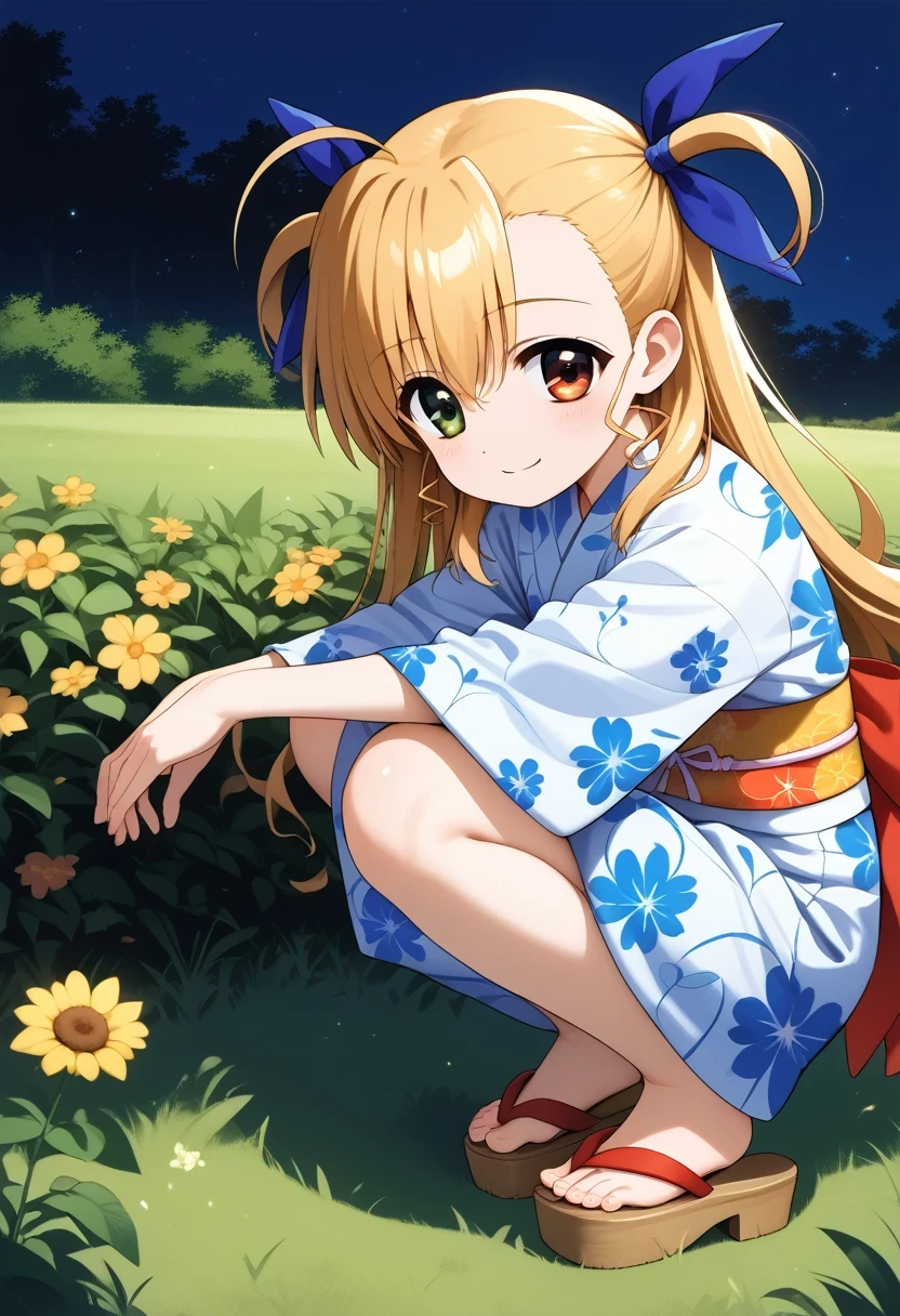 score_9, score_8_up, score_7_up, score_6_up, score_5_up, score_4_up, source_anime, aavivio, long hair, blonde hair, ahoge, two side up, hair ribbon, heterochromia, flat chest, night, grass, squatting, yukata, japanese clothes, floral print, from side, smile, looking at viewer, sandals, closed mouth,