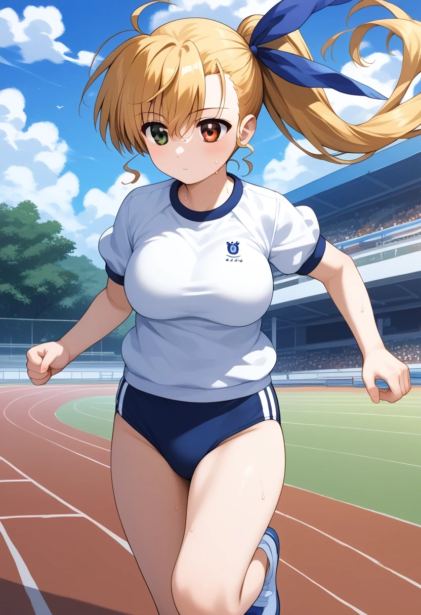 score_9, score_8_up, score_7_up, score_6_up, score_5_up, score_4_up, source_anime, bbvivio, aged up, long hair, blonde hair, ahoge, side ponytail, hair ribbon, heterochromia, large breasts, running, cowboy shot, sweat, track, outdoors, gym uniform, white shirt, short sleeves, buruma, floating hair, wind,