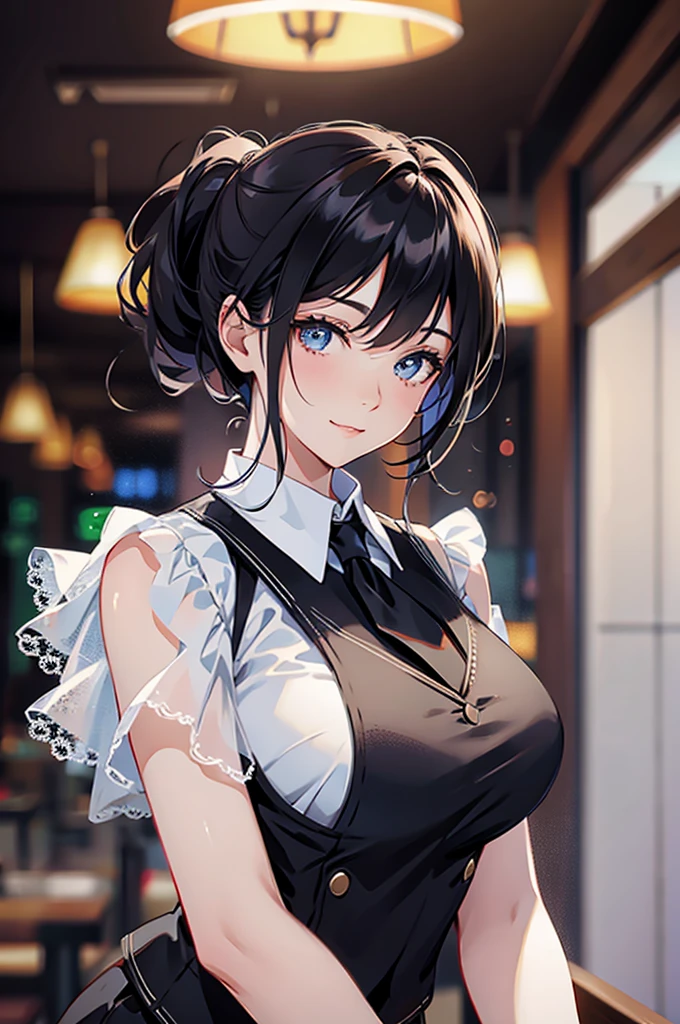 ((short hair, Highest quality, High resolution, Hmph, Pixel perfect, 4K, Hmph, Hmph))), One Girl, single, alone, Beauty、 (( bangs, Black Hair、ponytail、Scrunchie)), ((Big blue eyes, Beautiful eyelashes, Realistic eyes、Double)), ((smile, )), ((Smooth texture:0.75, Realistic texture:0.65, Realistic:1.1, Anime CG style)), Big Breasts, Perfect body, White Dress、No background