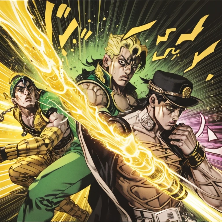 JoJo's Bizarre Adventure Part 3, by Hirohiko Araki, Boys' Manga, (The moment of the final battle between Jotaro Kujo and DIO, A tense scene). [Jotaro Kujo, Black Hair, Wearing a modified school cap and Greenish black long school uniform, Metal chain attached to a long school uniform, Light green inner, Eye color is slightly green, A single strand of bangs hanging down, A green aura emanates from his body], Star Platinum, Unleash countless fists, Oraora Rush, The text effect is displayed in a comic-style "OraOraOraOra Ora OraOraOraOra". 
[DIO, Yellow Hair, A yellow suit with a Extremely short upper body, Black innerwear, A green bandana with a heart shape on the front, A golden aura emanates from his body]. "The World" Time Stops!, "WRYYYYYYY" is displayed. (((Highest Quality, extremely detailed, Masterpiece)))