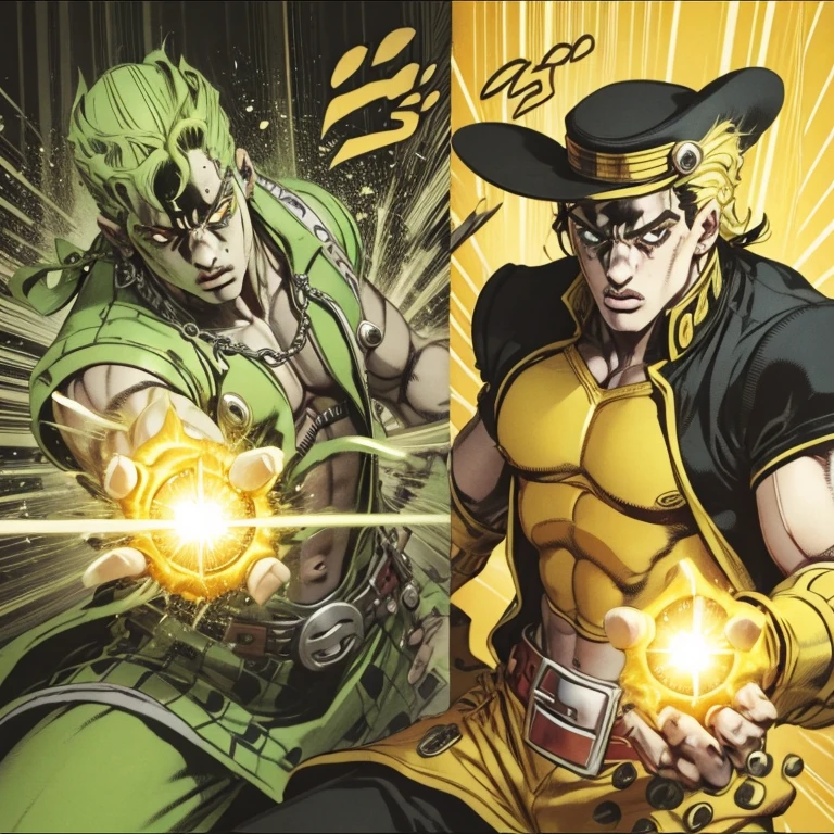 JoJo's Bizarre Adventure Part 3, by Hirohiko Araki, Boys' Manga, (The moment of the final battle between Jotaro Kujo and DIO, A tense scene). [Jotaro Kujo, Black Hair, Wearing a modified school cap and Greenish black long school uniform, Metal chain attached to a long school uniform, Light green inner, Eye color is slightly green, A single strand of bangs hanging down, A green aura emanates from his body], Star Platinum, Unleash countless fists, Oraora Rush, The text effect is displayed in a comic-style "OraOraOraOra Ora OraOraOraOra". 
[DIO, Yellow Hair, A yellow suit with a Extremely short upper body, Black innerwear, A green bandana with a heart shape on the front, A golden aura emanates from his body]. "The World" Time Stops!, "WRYYYYYYY" is displayed. (((Highest Quality, extremely detailed, Masterpiece)))