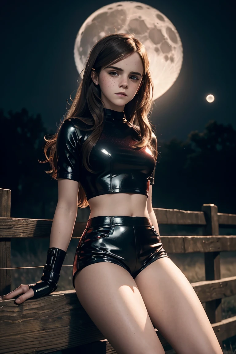 Highly detailed. a sexy beautiful teen Emma Watson. long hair. freckles, faint smile. red tight intricate sparkly latex shorts, crop top, boots. sitting on fence. dark ambient. cinematic lighting. background moon. full shot.