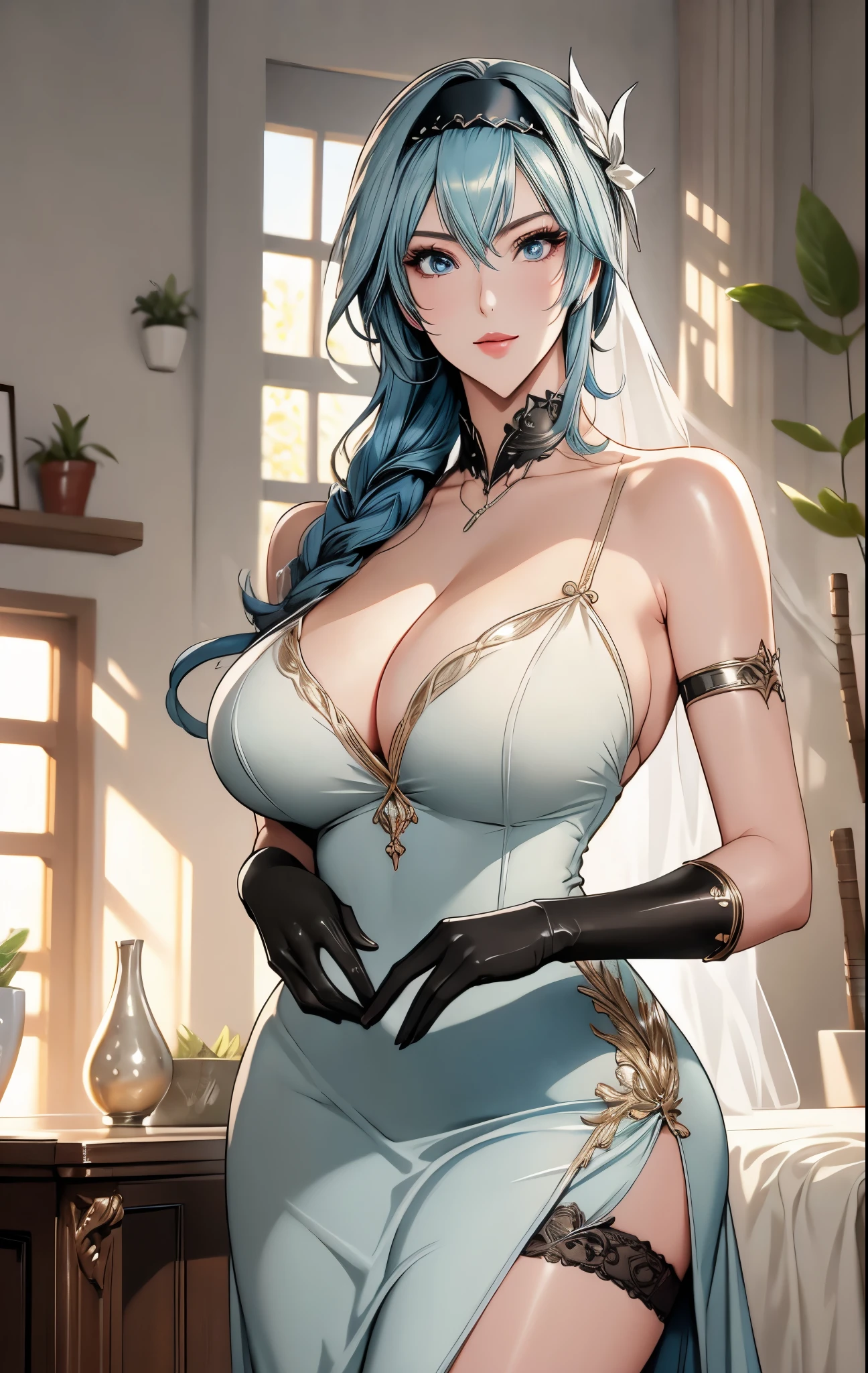 Head-to-knee Illustration, cowboy shot, 1women, looking at camera, seductive smile, (detailed mature face), ((milf, mature female)), ((eula)), BREAK, makeup, mature body, tall women, ((blue hair, sidelock, hair between eyes)), ((detailed anime eyes:1.3)), beautiful lips, ((large breasts, deep cleavage, nipples)), ((wide hips, thick thighs)), ((hairband, tight wedding dress, long gloves, stockings, veil)), BREAK, CG art, anime, ((best quality)), masterpiece, highly detailed, 8K resolution, beautiful CG, ultra detailed CG, HDR, intricate details, indoor, bedroom, depth of field, voluminous, sharp focus, vibrant colors, natural lighting, soft shadows, proportional body, mixed media