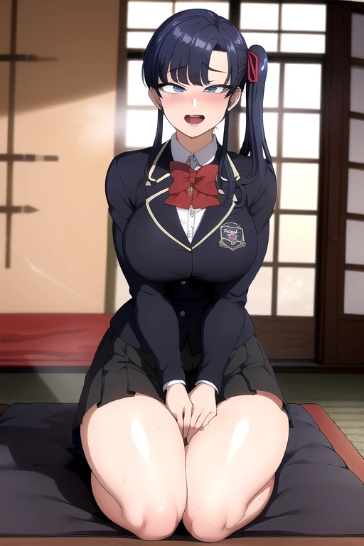 masterpiece, The best quality, Highly detailed , My name is Skr-KJ, black skirt, hentai, Open mouth, corrupted, brainwashed, busty, curved,expression idiot ahegao cross-eyed, smile, pleated skirt, camisa de cuello, long sleeves, session, closed mouth, school uniform, jacket, Hair ribbon, flower, socks, inside, lateral collection, socks, Red bow, seiza, tatami, sliding doors, vase, hands on thighs, on zabuton, big thighs; cara expresion ahegao, fucking bitch, perverted, inviting, thirsty