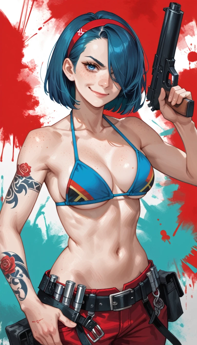 score_9, score_8_up, score_7_up, portrait, closed mouth, smirk, blue eyes, freckles, looking at viewer, short hair, blue hair, long hair, hair over one eye, hairband, bikini top, red pants, belt, pale skin, arm roses tattoo, trigger discipline, finger on trigger, holding gun, paint background