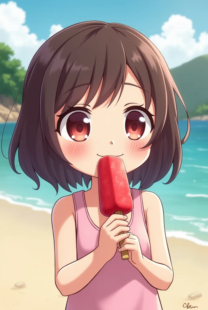score_9,score_8_up,score_7_up,masterpiece,best quality, source anime, realistic, super detailed, extreme detailed, rating_safe,
1girl, (close-up face:1.2),profile, holding popsicle, open mouth, tongue, (sweat:1.3), half-closed eyes, blush, sideways glance, looking at viewer,
BREAK girl, 22yo, short hair, bob cut, (blunt bangs), black hair, (tareme, detailed cute brown eyes), curled eyelashes, (large breasts:0.9),
shiny hair, beautiful detailed eyes, beautiful face,
bikini, outdoors, beach,
