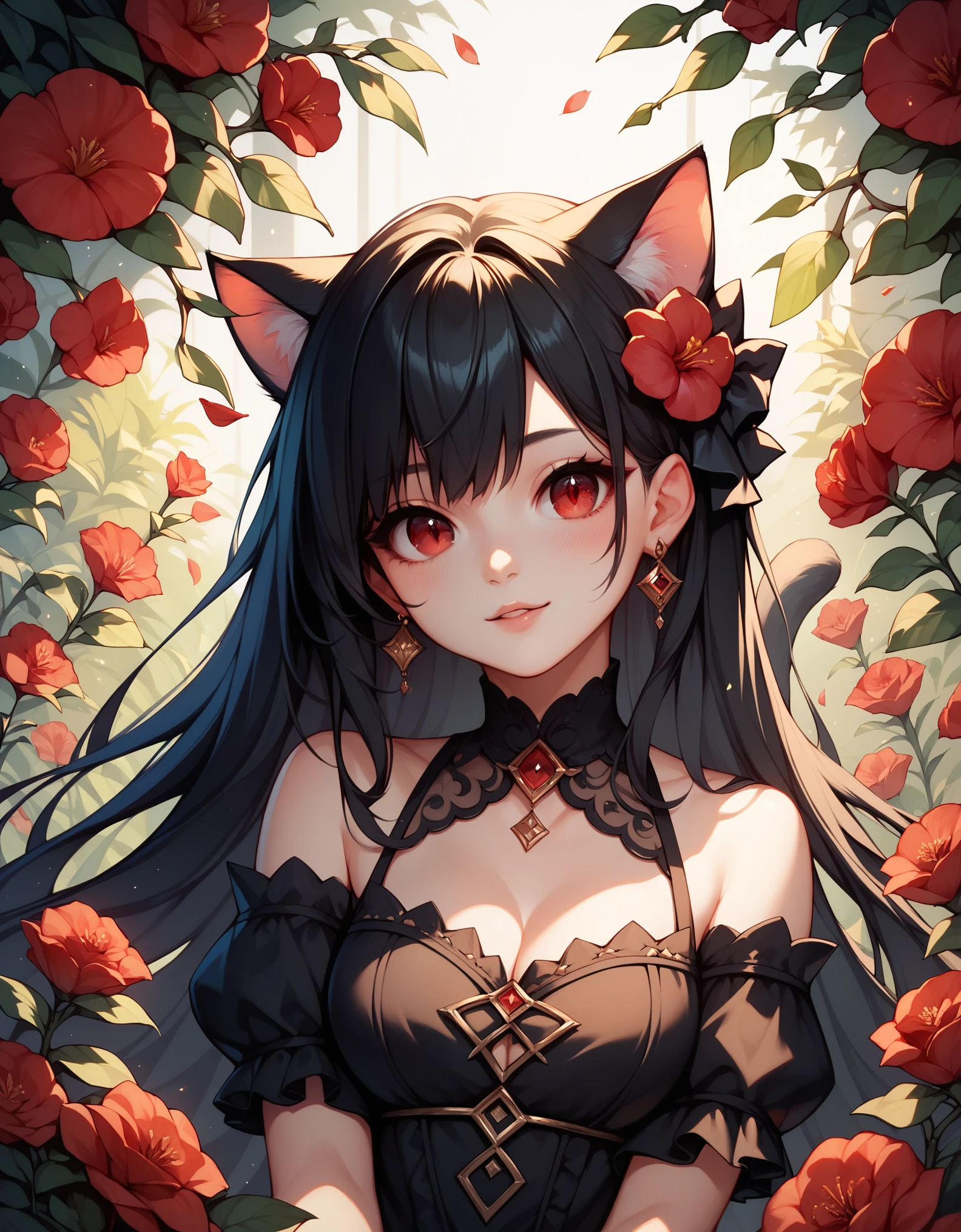 1girl, black hair, long hair, red eye, (many black flower:1.2), Front View, cute style, black dress, cat ear, tail