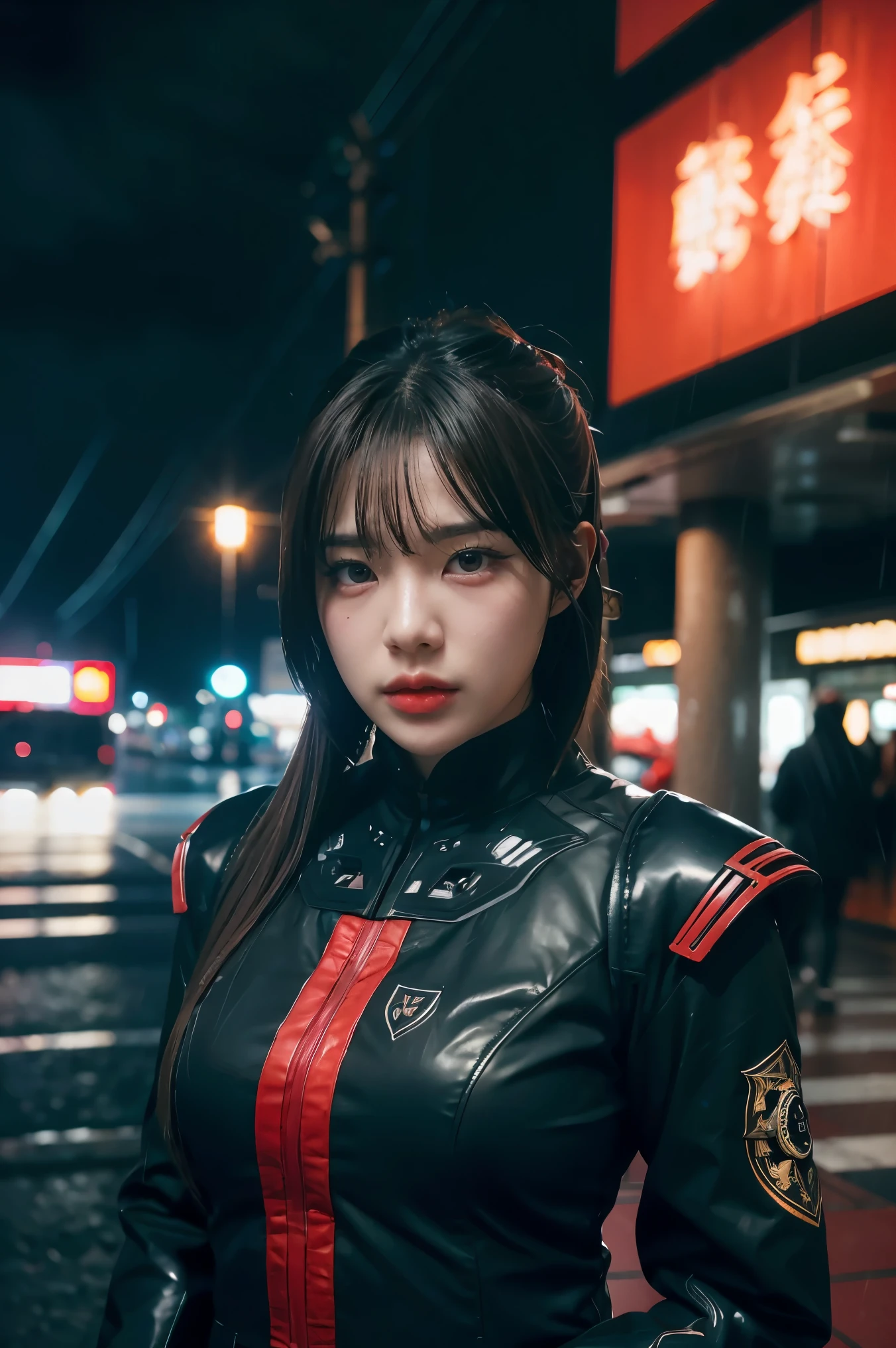 1 japanese girl, WARFRAME, intricate pattern, heavy metal, energy lines, faceless, glowing eyes, elegant, intense, blood red and black uniform, solo, modern, city, streets, dark clouds, thunderstorm, heavy rain,, dramatic lighting,, (masterpiece:1.2), best quality, high resolution,   beautiful detailed, extremely detailed, perfect lighting,