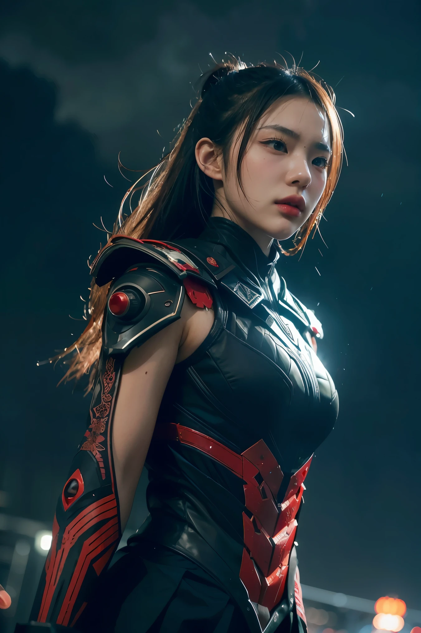 1 japanese girl, WARFRAME, intricate pattern, heavy metal, energy lines, faceless, glowing eyes, elegant, intense, blood red and black uniform, solo, modern, city, streets, dark clouds, thunderstorm, heavy rain,, dramatic lighting,, (masterpiece:1.2), best quality, high resolution,   beautiful detailed, extremely detailed, perfect lighting,