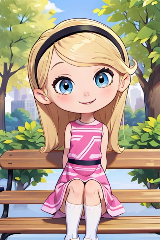 (masterpiece), (best quality), 1girl, full body, beautiful, very young, , long hair, blonde hair, hairband, pink dress, blue eyes, white tube socks, smile, cute smile, happy,, arms behind back, (central park), bench, trees, close up, looking at viewer,