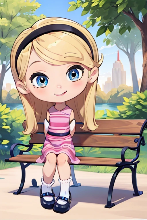 (masterpiece), (best quality), 1girl, full body, beautiful, very young, , long hair, blonde hair, hairband, pink dress, blue eyes, white tube socks, smile, cute smile, happy,, arms behind back, (central park), bench, trees, close up, looking at viewer,