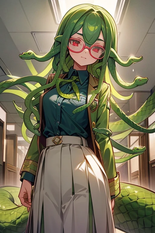 Female lamia (long light-green snake hair), red eyes, tinted glasses, school uniform (button-up shirt, jacket, skirt), soft smile, school hallway