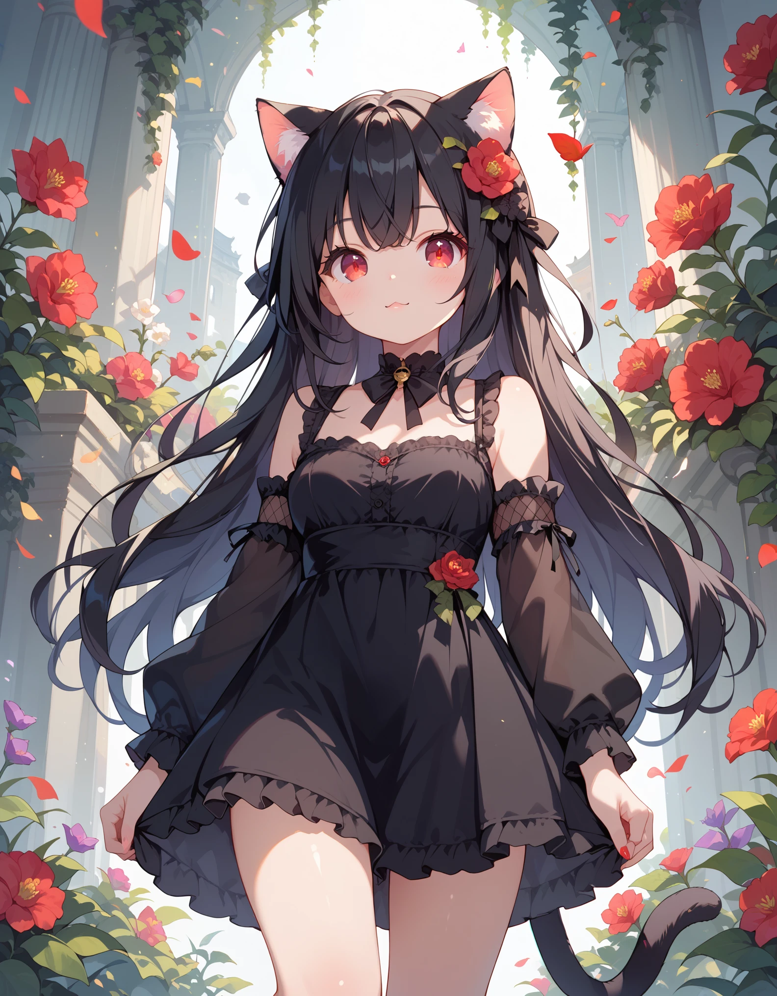 score_9, score_8_up, score_7_up, 1girl, black hair, long hair, red eye, many black flower, Front View, cute, black dress, cat ear, tail