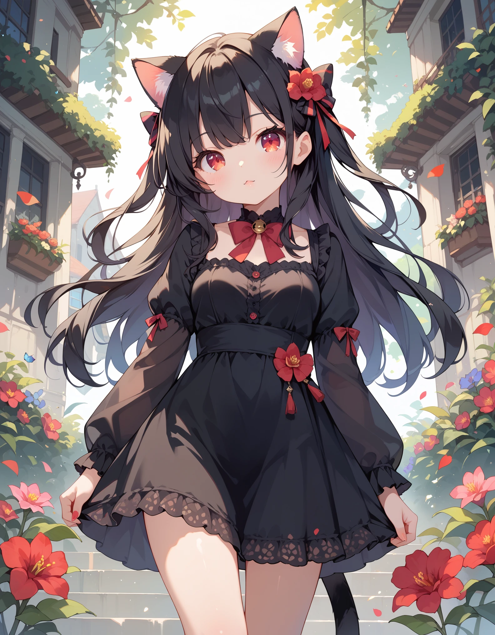 score_9, score_8_up, score_7_up, 1girl, black hair, long hair, red eye, many black flower, Front View, cute, black dress, cat ear, tail