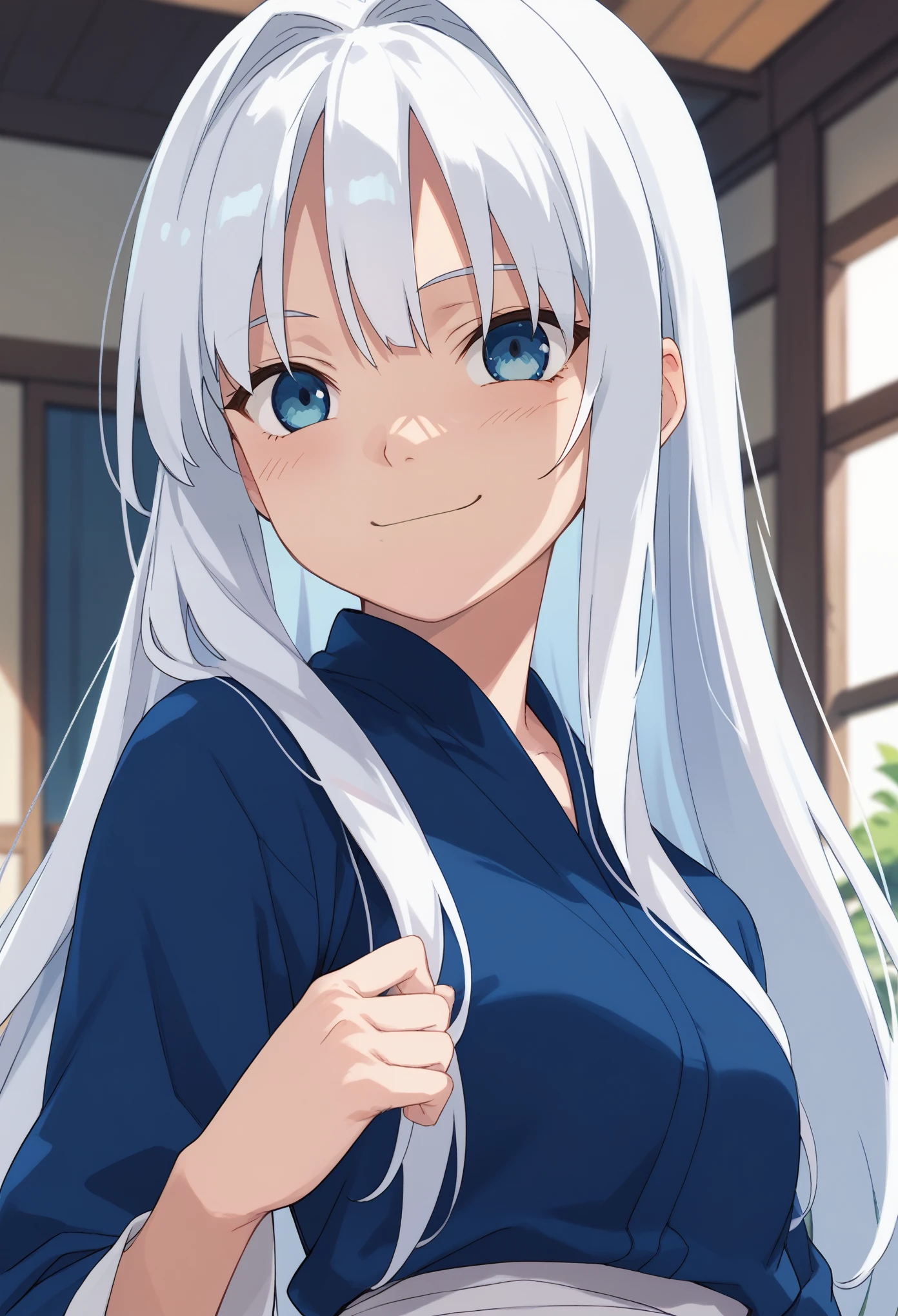 NSFW,Tomotake Yoshino,Long Hair、Gray Hair、High Ponytail、Hair Intake、hair ornaments、Parted bangs、blue eyes,kimono,small kimono,Embarrassed,blush,(I feel pleasure:1.3),(Aroused expression:1.3),(Perfect hands),(Perfect Anatomy),(masterpiece),(highest quality),shrine