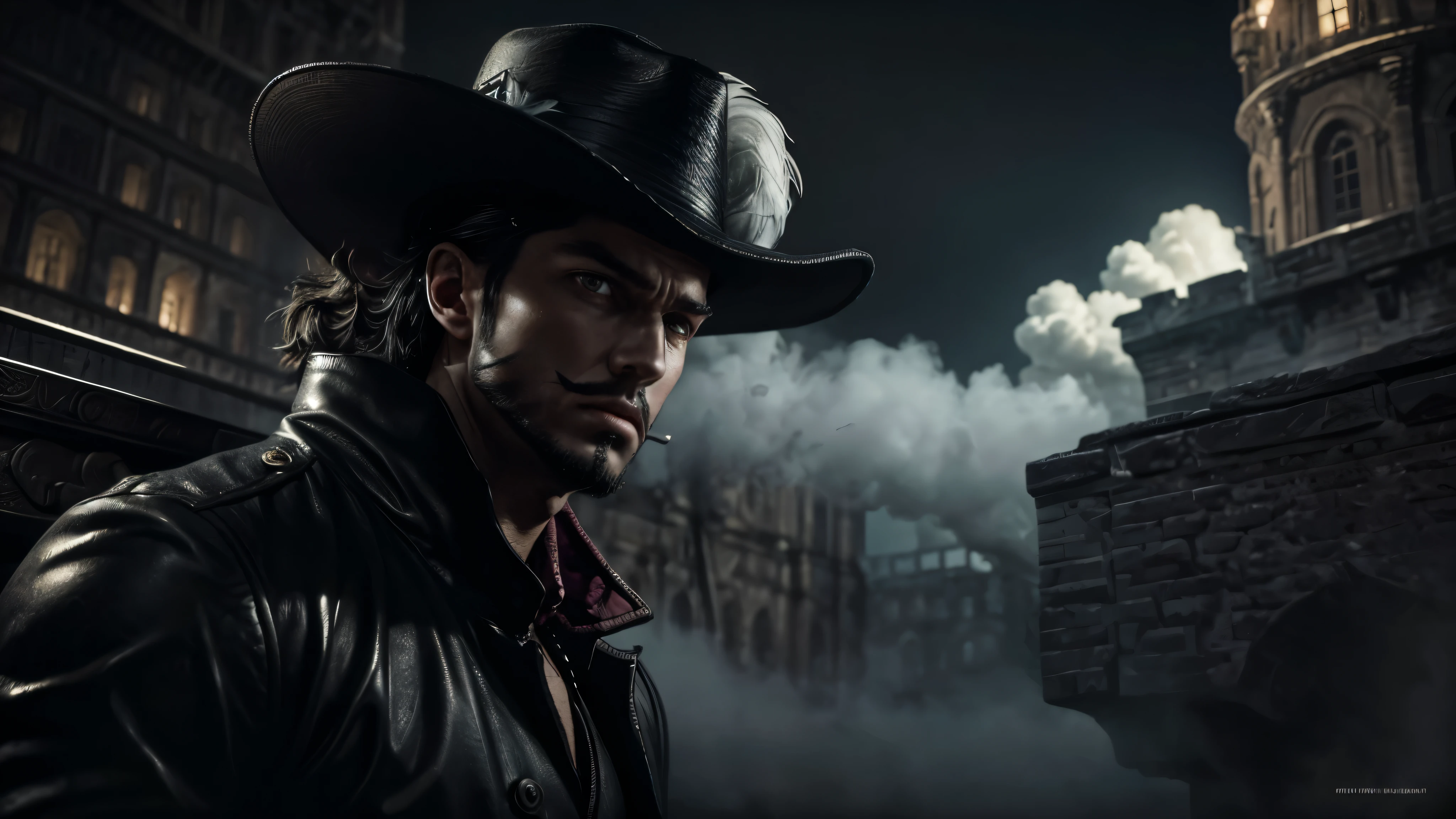 masterpiece, best quality, extremely detailed, hyperrealistic, photorealistic, a cool 40s man, ultra detailed face:1.2, black hat with feathers, ancient castle, night, dark fantasy, nightmarish, mystical fog, smoke, rainy night, strenuous movements, from side, dynamic angle