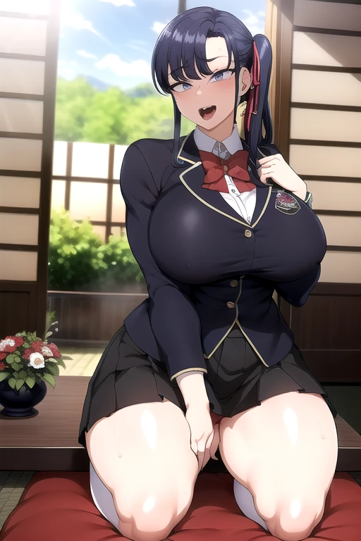 masterpiece, The best quality, Highly detailed , My name is Skr-KJ, black skirt, hentai, Open mouth, corrupted, brainwashed, busty, curved,expression idiot ahegao cross-eyed, smile, pleated skirt, camisa de cuello, long sleeves, session, closed mouth, school uniform, jacket, Hair ribbon, flower, socks, inside, lateral collection, socks, Red bow, seiza, tatami, sliding doors, vase, hands on thighs, on zabuton, big thighs; cara expresion ahegao, fucking bitch, perverted, inviting, thirsty, spreading the legs, introducing yourself