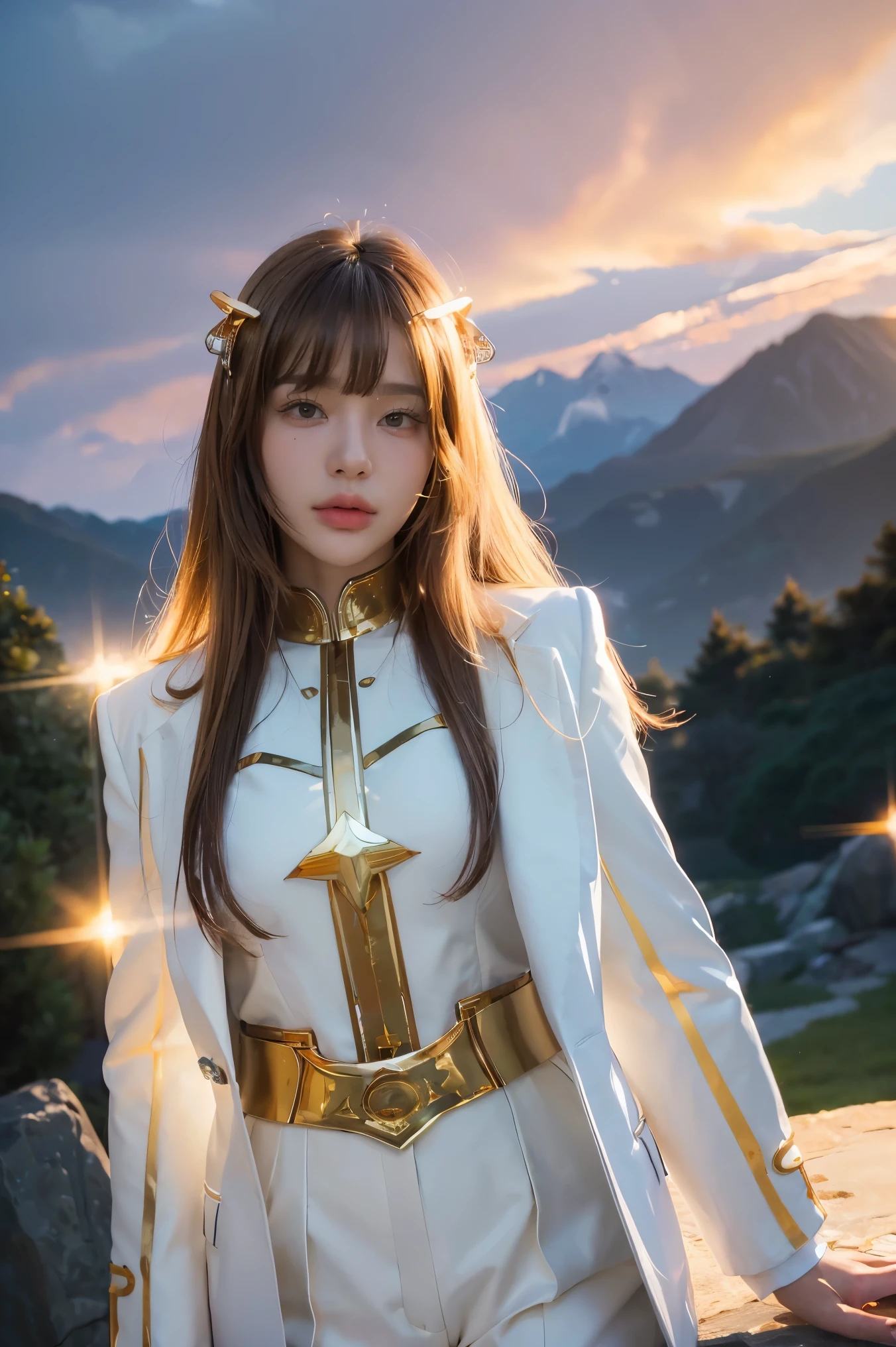 ((masterpiece, best quality, Extremely detailed), Volumetric Lighting, Ambient Occlusion, rich and colorful, Luminescence), 1 Girl, Solitary, Young Girls, (Chestnut bangs), Long hair, Halo, Halo, sacred, goddess, Priesthood, (White suit with gold details:1.3), armor, outdoor, Sunset, Sky, cloud, space, (Fantasy theme:1.2),