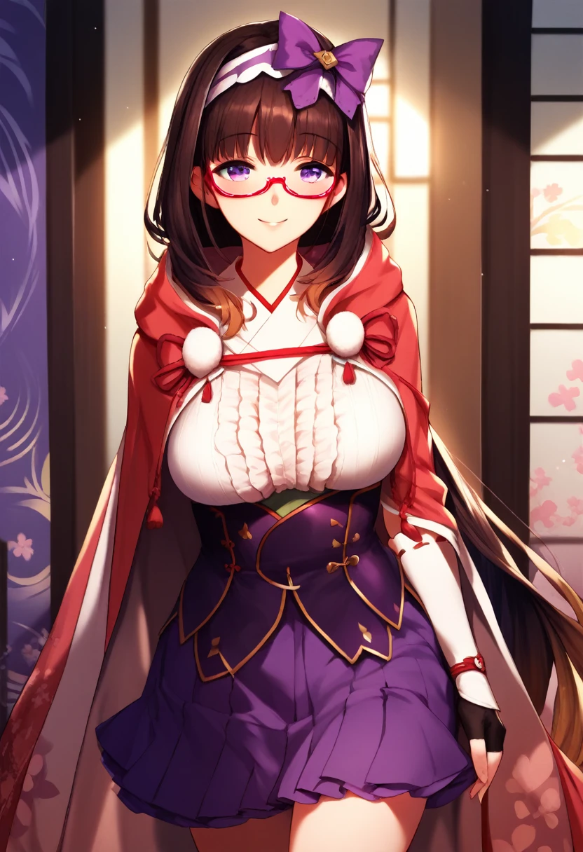 (masterpiece), (Best quality), (Very detailed), (high resolution), (8Khighres), (cel anime), (detailed beautiful face and eyes), (textile shading), (cowboy shot), (Japanese-style Room), Osakabehime_Default, purple eyes, brown hair, very long hair, hair bow, gradient hair, glasses, red-framed eyewear, semi-rimless eyewear, hairband, frilled shirt, purple skirt, hooded cloak, arm warmers, fingerless gloves, beautiful breasts, walking, smile,,