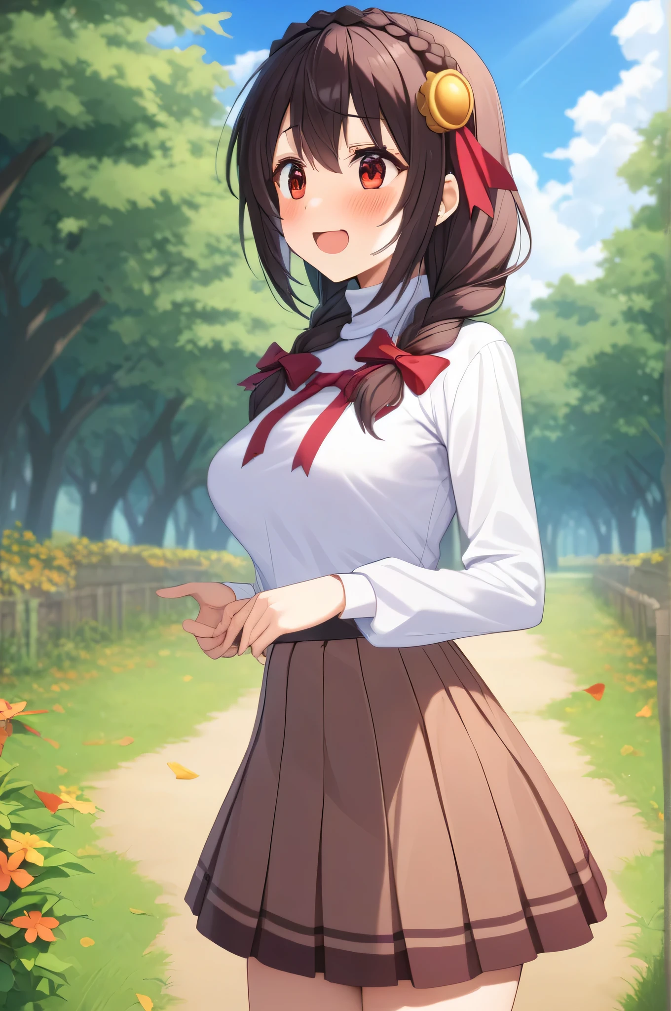 master piece, hyper quality, Hyper Detailed, Perfect drawing,Solo, High School Girl, 校服, Miniskirt: (0.8),((Holding a large bouquet)), butt sticks out, Big round buttocks, Standing figure, ((Panties are slightly visible)), Tanned skin: (1.2), Cute smile, Cheeky smile, Sunburn scars: (1.5), ( ((Buggy socks))), Shooting from diagonally below, Beautiful background, meticulous drawing, Accurate drawing.