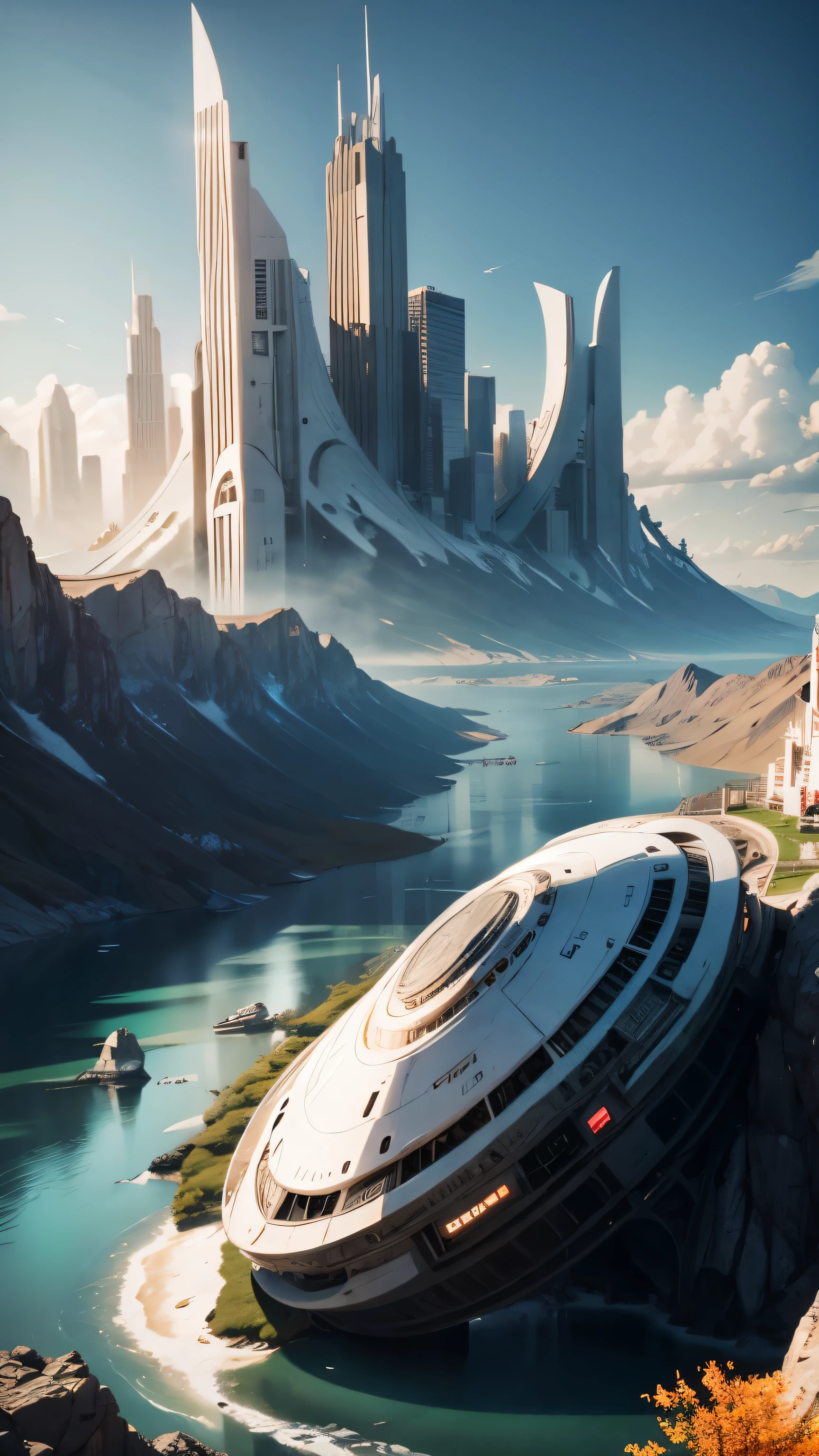 White，Future Cities，Future Architecture，Space，Large and magnificent，landscape，Fall，spaceship，UFO，