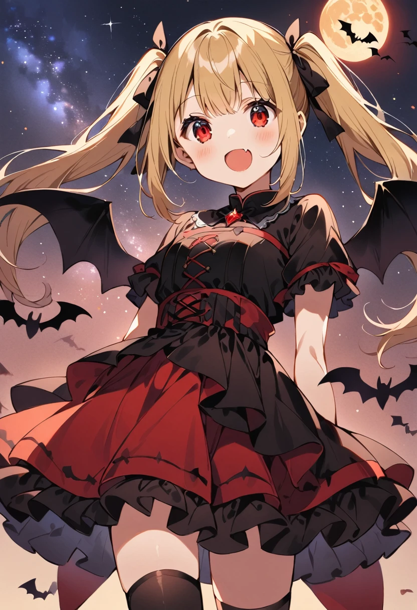 1 cute girl,
(gold hair, lob hair, twintails, straight hair, black ribbon string),
(dark red eyes, tareme),
smile,
open mouth, fang,

zettai ryouiki,

looking at viewer,

(dark red Gothic costume),
(black small Bat Wings behind the waist),
(black thigh-high socks),

cowboy shot, solo,

(depth of field),
night sky, milky way,
1 small red full moon,
multiple bats in the foreground,