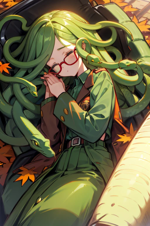 Female (long light-green snake hair), red tinted glasses, school uniform (green button-up shirt, turquoise jacket), eyes closed, snoring, close up, sleeping against a shoulder on a train, autumn leaves outside