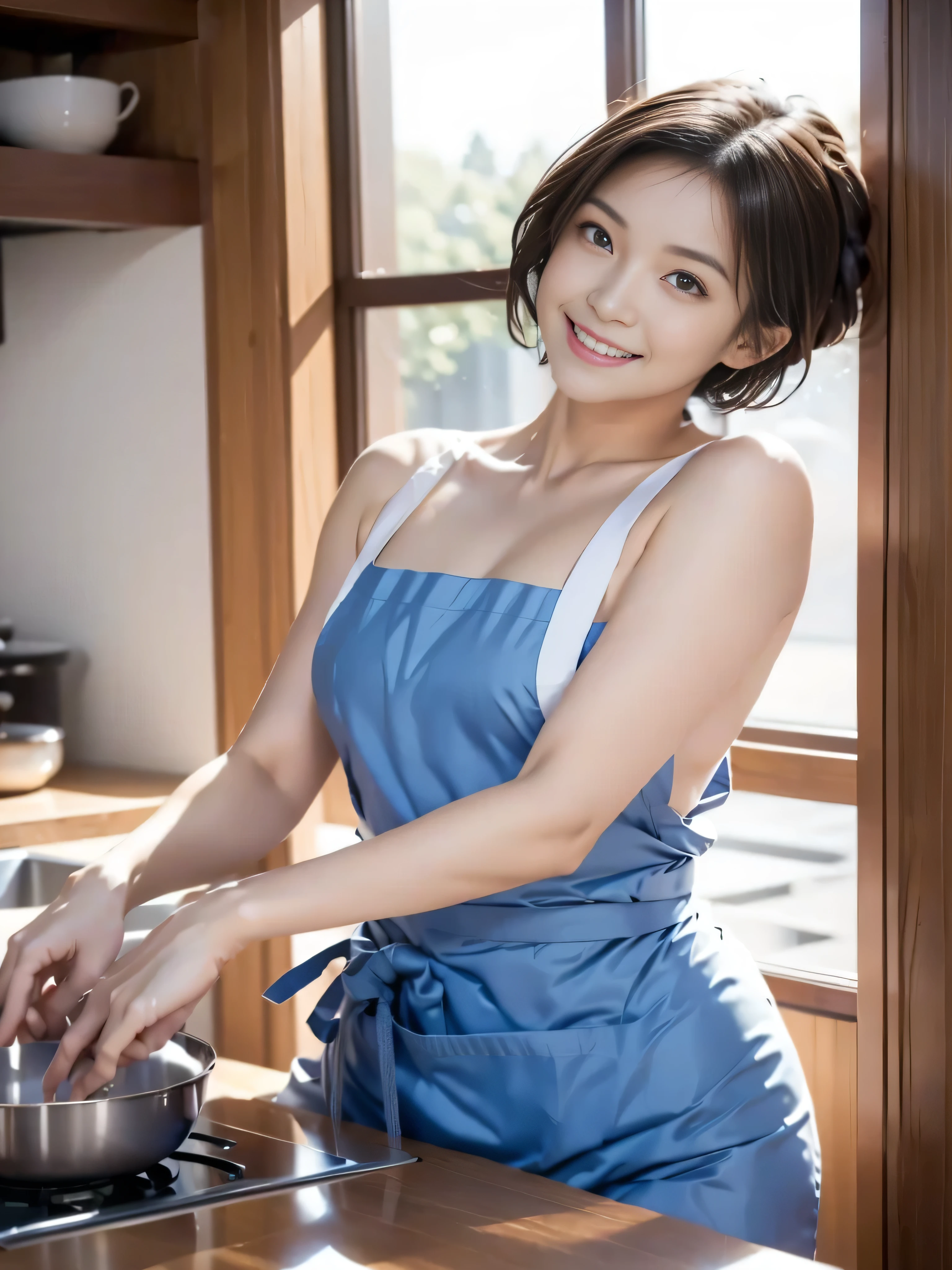 [[super high quality,Highest quality,super masterpiece]],((Japanese,woman,Super Beauty,1 person)),(((Wearing only an apron naked))),A thin apron made of frilly fabric,Your cheeks are flushed,Shy laugh,(Slightly wavy short hair,Dark brown hair color),(seven-headed body,Model Body Type,Slim waist,Small Butt,Beautiful Eyes,Beautiful Skin,Dark brown eyes),kitchen,Cooking food,indirect lighting