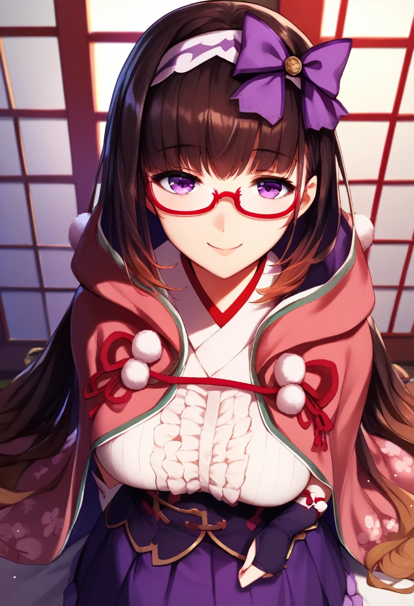 (masterpiece), (Best quality), (Very detailed), (high resolution), (8Khighres), (cel anime), (detailed beautiful face and eyes), (textile shading), (cowboy shot), (Japanese-style Room), Osakabehime_Default, purple eyes, brown hair, very long hair, hair bow, gradient hair, glasses, red-framed eyewear, semi-rimless eyewear, hairband, frilled shirt, purple skirt, hooded cloak, arm warmers, fingerless gloves, beautiful breasts, smile, wariza, (from above:1.3),,