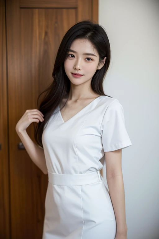 ((Pretty Girl from Sri lanka :1.3)) ((Sri Lanka Uniform :1.4)),(( Short sleeve white dress is paired with a white skirt:1.4)),((Unbuttoned to reveal breasts))(Large Breast: 1.1 ) ) (Close: 1.2)) Best Condition, Masterpiece, Ultra High , (Photo Realistic: 1.4), Raw Photo, (Overall Texture: 1.3) , (Film Cinematic: 1.3) , Panorama, Character Portrait Ultra Wide Shot, Narrow Waist , Cowboy Shot, (Dark, Visible Shadow, Low Key, Cold Light, Natta, ( )), Flowing Tears, Liquid, Tyndall Effect, ( Expressions ), 1 Girl , Beautiful detailed eyes and face, White Jabot, Eyes, (( Brown Hair: 1.2)), ((Smile : 1.3)), ((Good)))