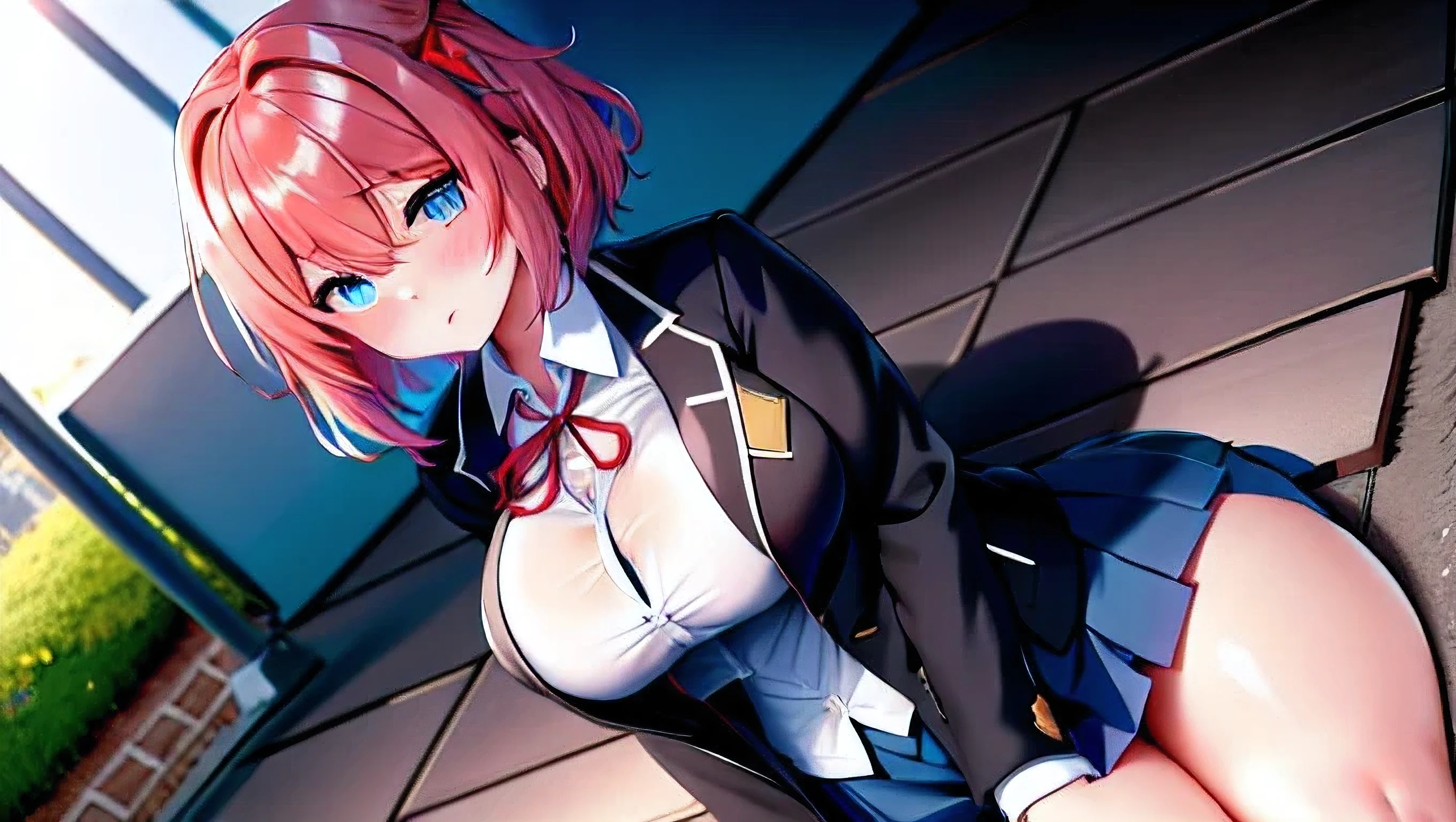 (1 worried girl, afraid, looking at you with pity, with a big 1 red bow on the left side of her hair, hair between the eyes, pink hair, bright blue eyes the color of night, short bob hair detailed, Alone, big breasts, chubby, shiny skin, curve, thick thighs, wide hips, gorda, chubby fofa, big waist but not exaggerated), , blue skirt, skirt, black jacket, looking at the viewer,  pleated skirt, leaning forward, hair, Brazil shirt, fringe, white shirt, red hair, neck hair, Blush, long sleeves, ( sitting on a bench in front of a school, in the middle of a slum, suburb periphery), character of / ddlc, dokidokiliteratureclubSayori, Sayori.