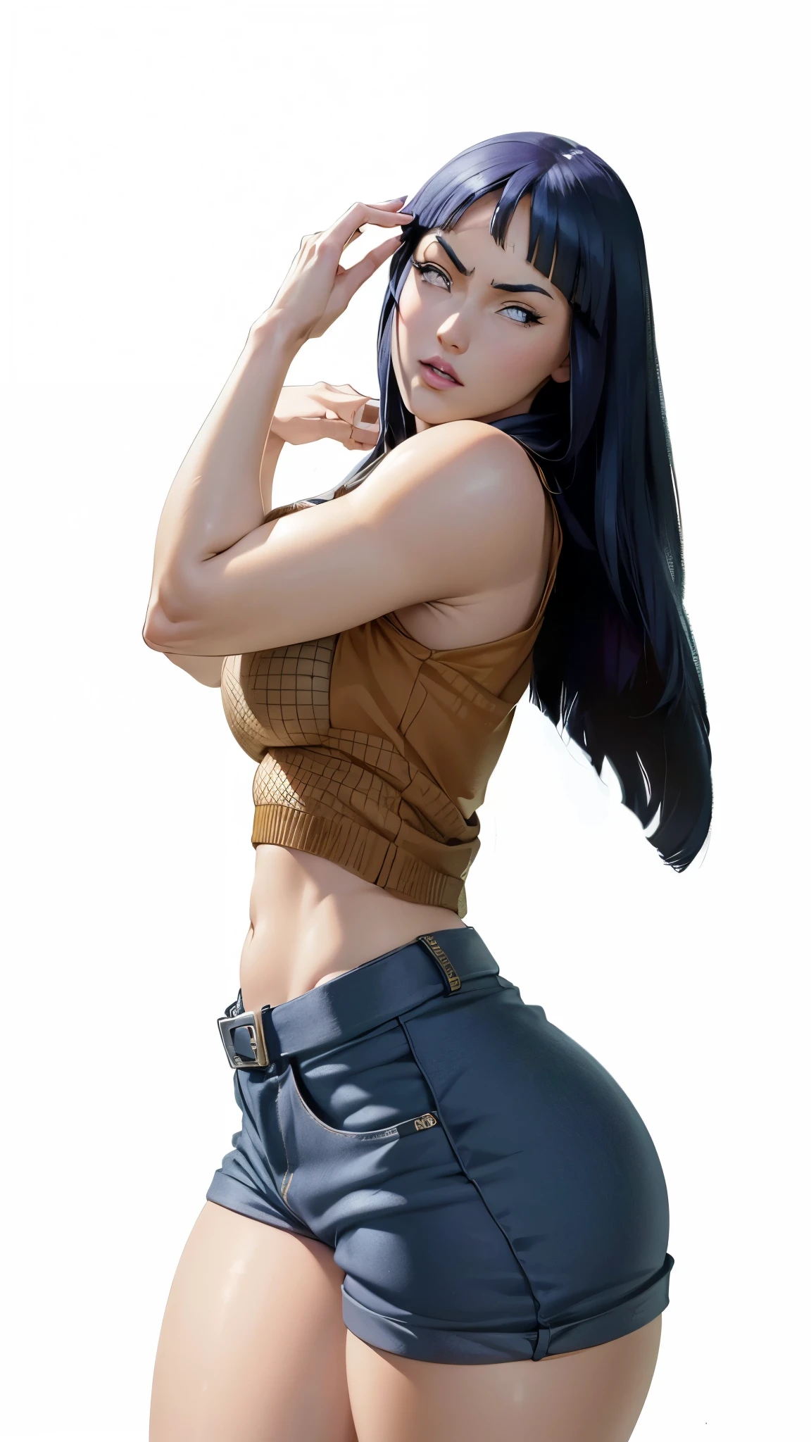 Masterpiece, Score_9, score_8_up, 8k, ultra-detailed, Ultra-high resolution, high-quality, 1girl, cute, perfect ???????, black hair, long hair, blunt bangs, black eyes, lazy eyes, black choker, scar, scar on face, hands on hips, sleeveless leather jacket, bare shoulders, medium breasts, expressionless, black jeans, sexy, apocalypse background, cowboy shot, cleft of venus
