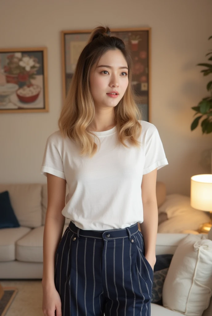 Realistic photo, wearing white t-shirt and navy skirt with white strips, standing on the living room