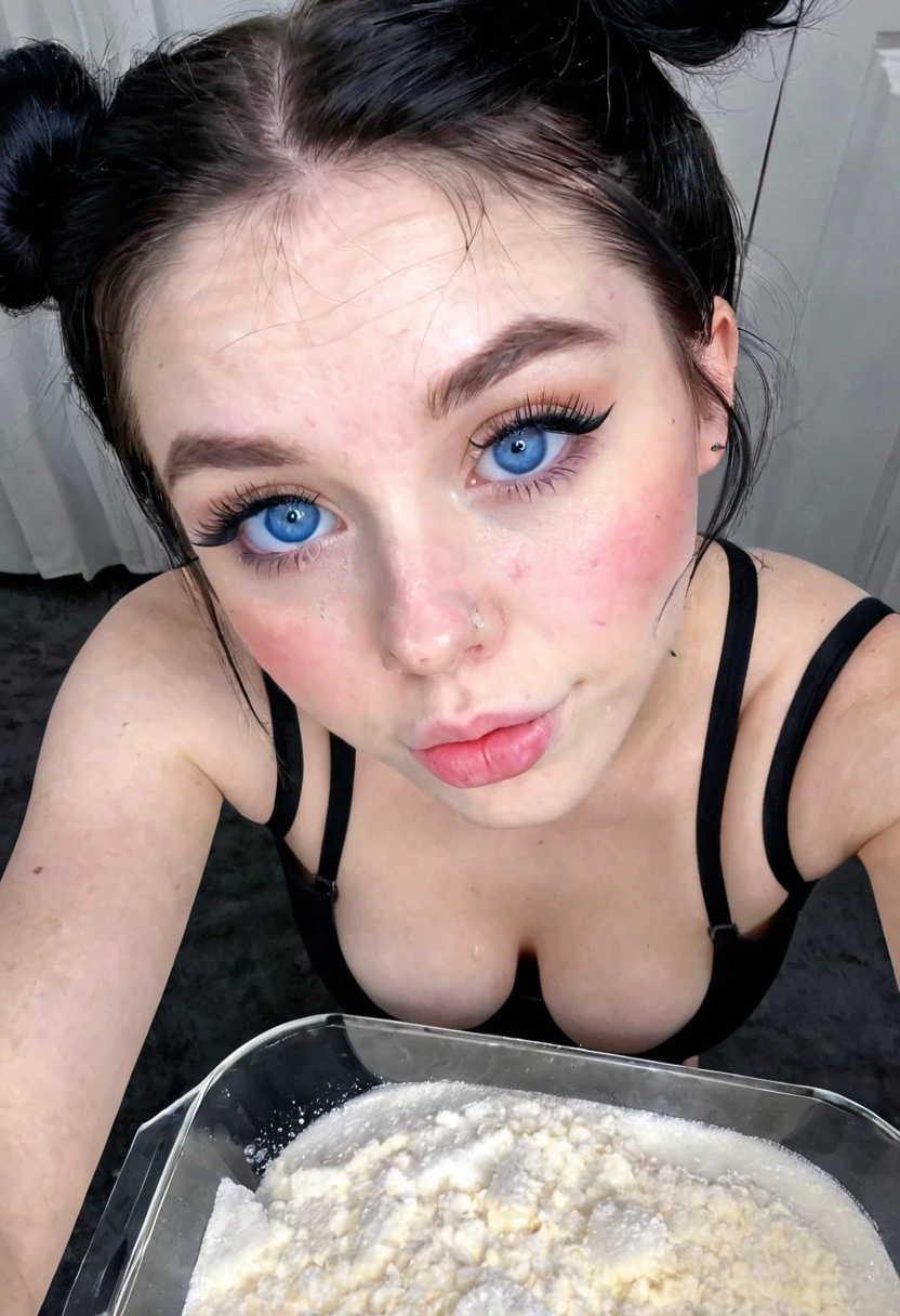 Pale skinned girl, black hair, blue eyes, with buns, tender and adorable face, very shy, very blushing, POV selfie, Medium breasts, young girl,With neckline,Getting high, with cocaine 