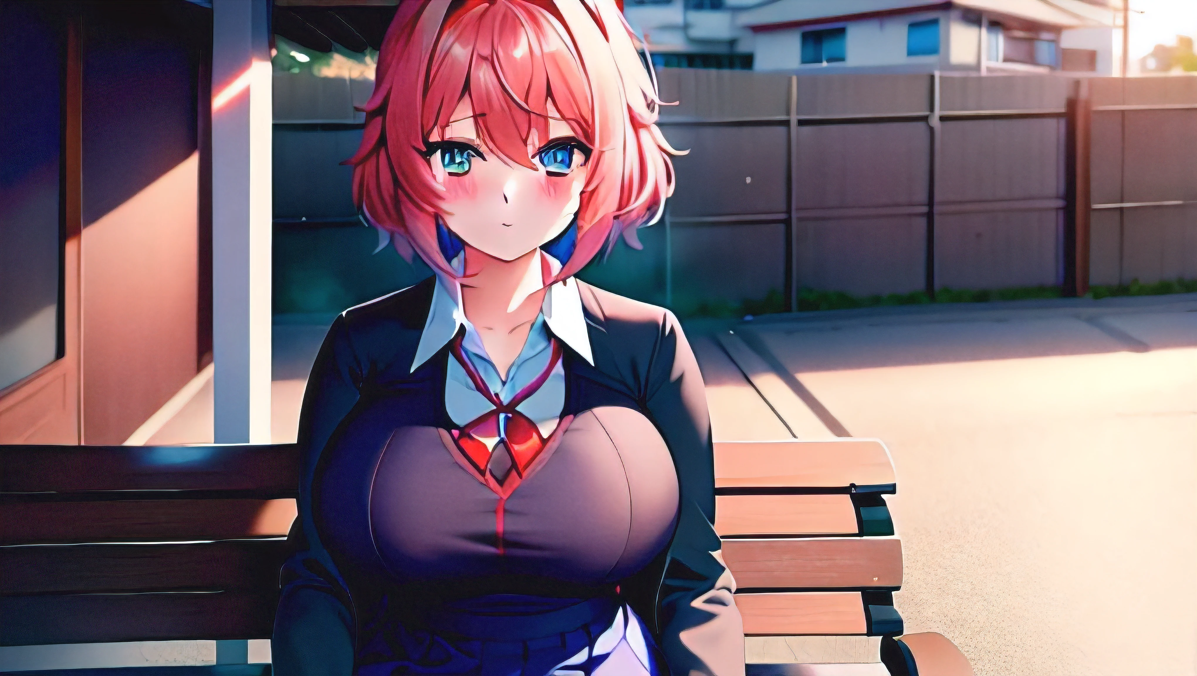 (1 worried girl, afraid, looking at you with pity, with a big 1 red bow on the left side of her hair, hair between the eyes, pink hair, bright blue eyes the color of night, short bob hair detailed, Alone, big breasts, chubby, shiny skin, curve, thick thighs, wide hips, gorda, chubby fofa, big waist but not exaggerated), , blue skirt, skirt, black jacket, looking at the viewer,  pleated skirt, leaning forward, hair, Brazil shirt, fringe, white shirt, red hair, neck hair, Blush, long sleeves, ( sitting on a bench in front of a school, in the middle of a slum, suburb periphery), character of / ddlc, dokidokiliteratureclubSayori, Sayori.