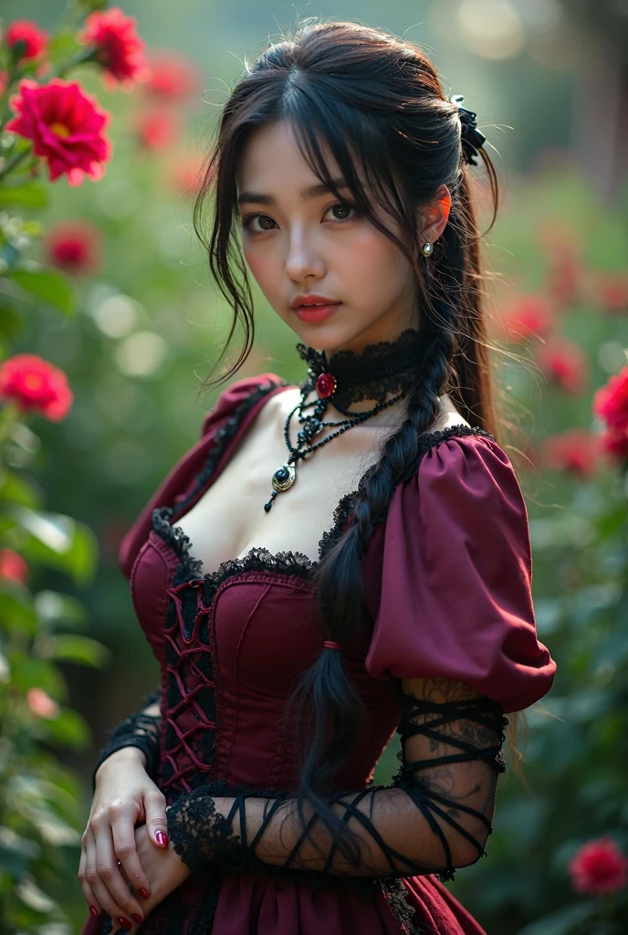 Masterpiece,Best quality,cinmatic lighting,A high resolution,Moon light,1girll,Solo,Black hair,(awsome many layers:1.2),Long hair,Sen,Nature,(Red dress:1.5),plan,Colorful flowers,(Flowers:1.2),butterfly style,(Front photo:1.2),Wide sleeves,Wide skirt,(Butterfly:1.2),