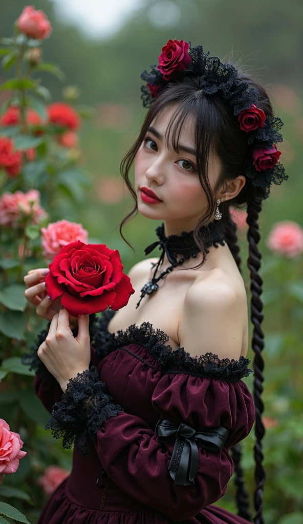 Dark Theme , (Highest quality, masterpiece:1.2), 18 year old girl in the garden, Black open neckline dress, (Red flowers scattered in the background:1.3)