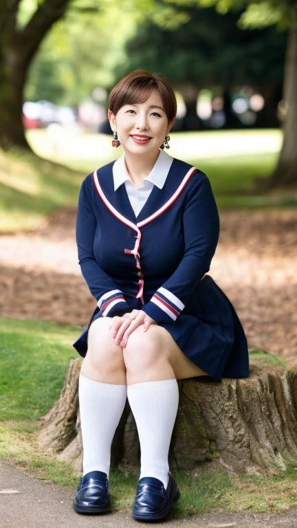 Japanese middle-aged woman,Mature Woman,48 years old,White skin,(curvy body,Emphasizes plump thighs:1.5),(JP SCHOOL UNIFORM, earrings, Navy blue socks, Wearing loafers:1.3),(Standing in the park,Full body shot from head to toe,full body:1.2),looking at viewer,smile,surrealism, depth of field, from below, Sony FE, 8k