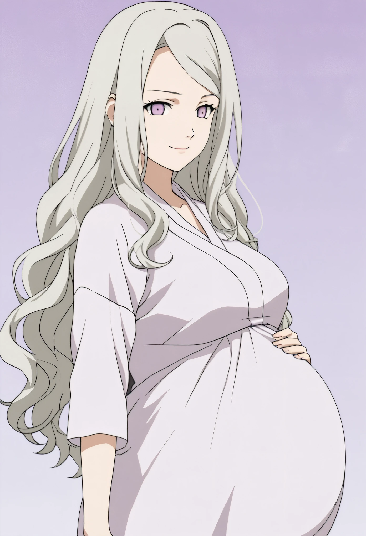 Boku no hero academia full body with happy expression caressing her tummy long wavy white hair bright blue eyes pregnant wearing a blue dress with white jacket and black pants and white boots while sitting on the sofa wallpaper living room