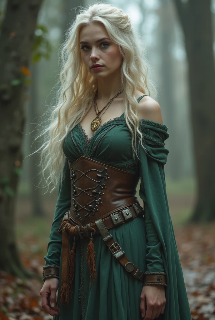body shot, fair complexion, gorgeous voluptuous vampire woman around 19 years old, curvaceous body, cleavage, thin waist, thick large hips, walking in the forest, natural white hair, green eyes, wearing kohl, graceful, wearing high heels, painted toe nails, short skirt, beautiful, candlelight in a medieval setting, ultra sharp focus, realistic shot, medieval female clothes, tetradic colors (scar:1.4)