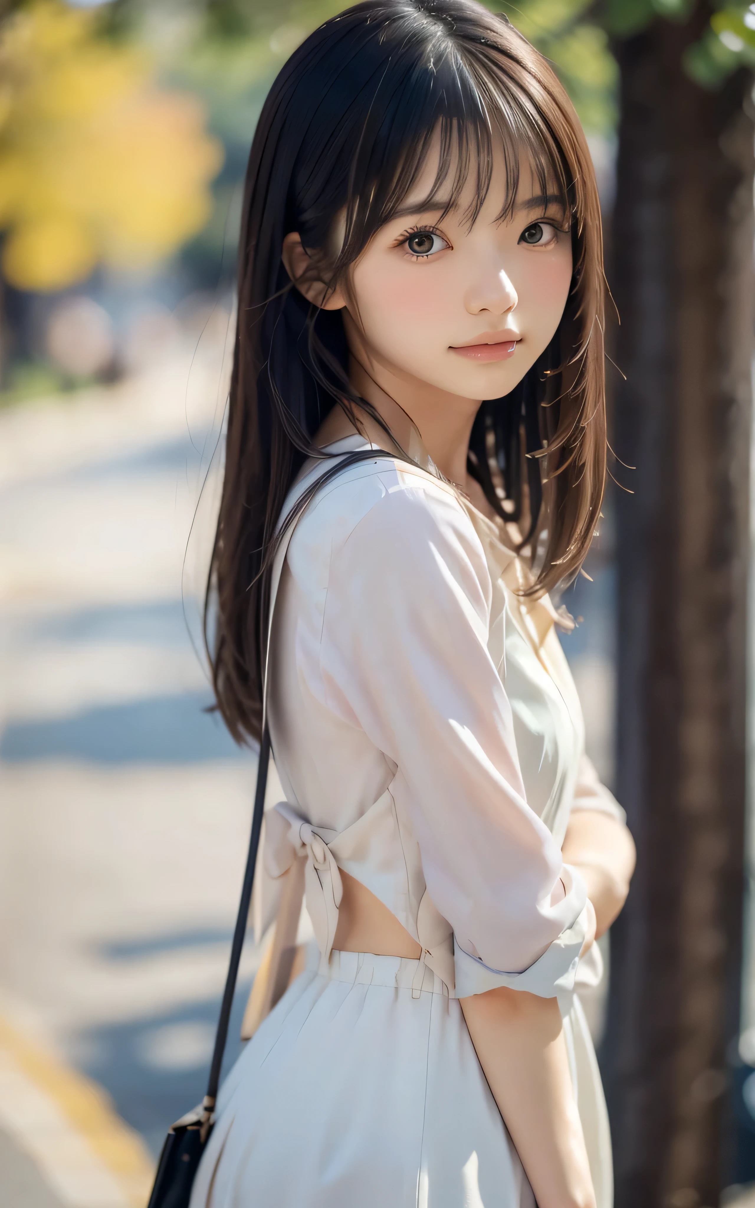 masutepiece, Best Quality, 8K, 1 girl, 20 yo, Full body, Solo, Cute, Girly, Delicate girl, Neat and clean beauty, Raw photo, Professional Photography, Portrait, Soft light, Professional Lighting, Back lighting, look forward to your eyes, Sophisticated, Film grain, (Eyes and faces with detailed:1.0), medium length floating hair, Beautiful flowing hair, Bangs,