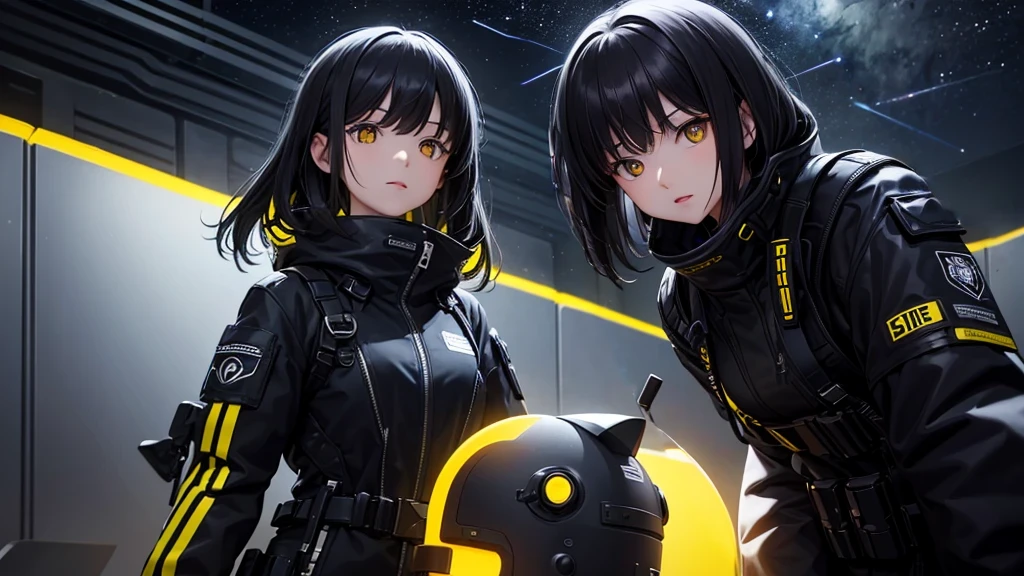 from future intelligence、background technology、complex mission, confident look、space black pioneer dress、yellow eyes、black hair
