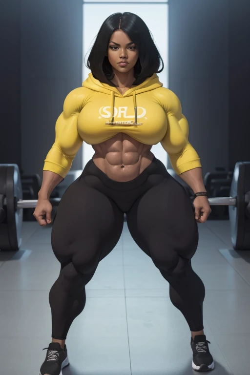 (((only one woman on picture,))) fullbody view, 20 yo tall woman, extremely attractive, straight black hair, warm hoodie top, tight yoga pants, perfect sixpack abs, strong well defined muscle, ultra massive female bodybuilder, perfect and flawless musculature, great muscle definition, very muscular buff