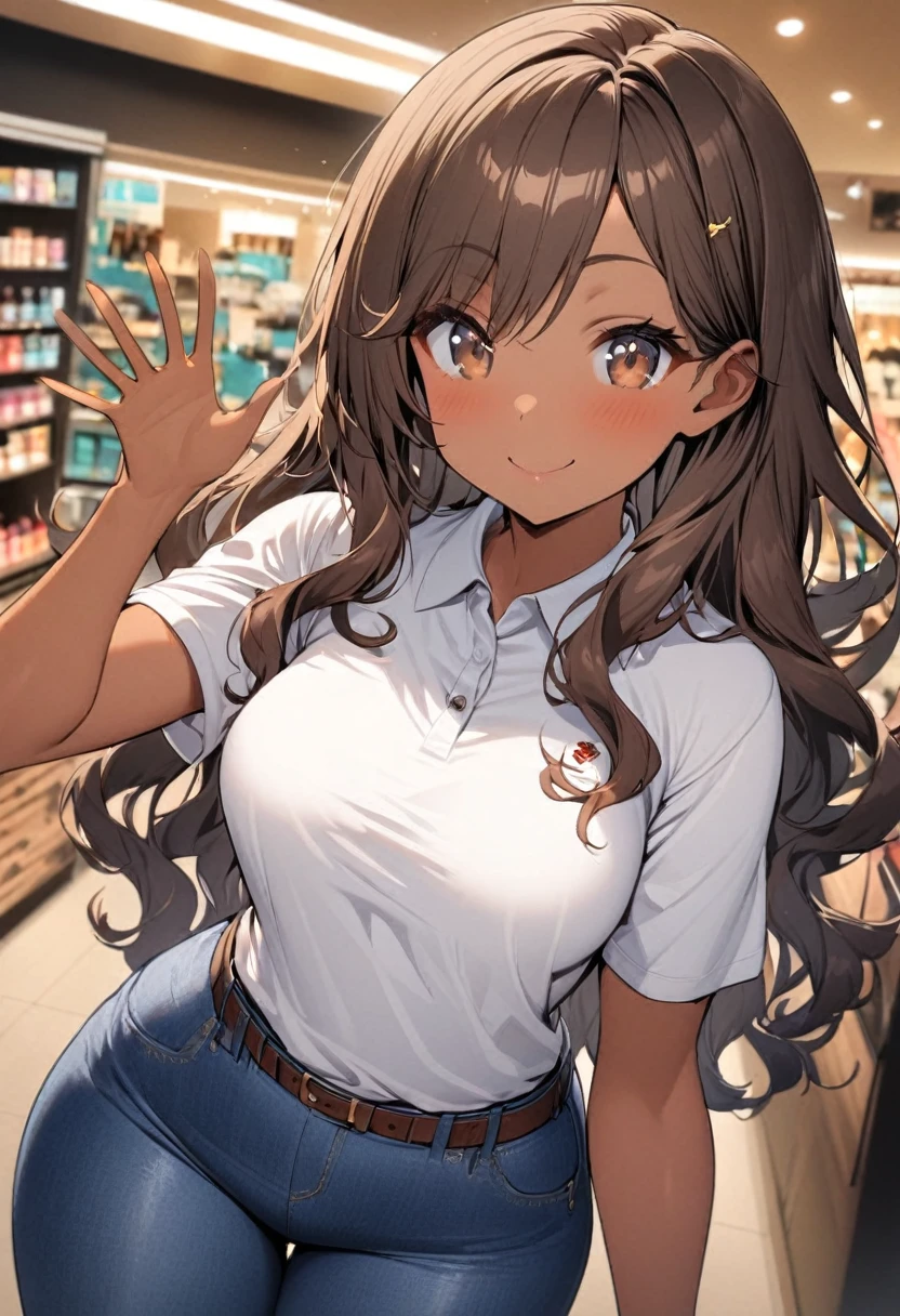 One girl, tan skin, brown hair, teal highlights in hair, brown eyes, wavy hair, long hair, white polo shirt, blue jeans, brown belt, polo tucked into jeans, tucked shirt, smile, casual, medium breasts, wide hips, thick thighs, waving at viewer, looking at viewer, store background, daytime