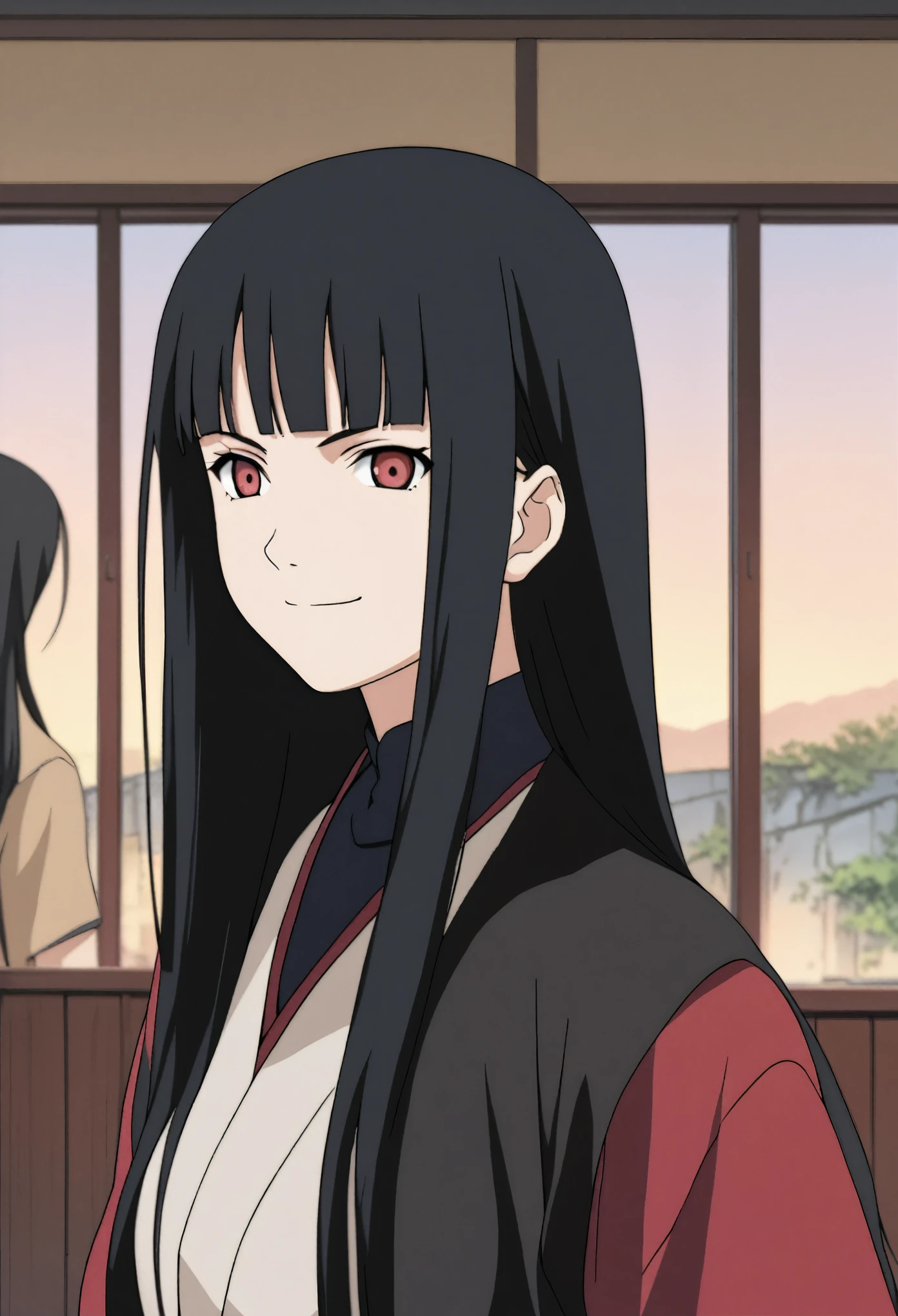 young female, long  hair, black hair, red eyes, straight hair, straight bangs, smiling, konoha background scenario